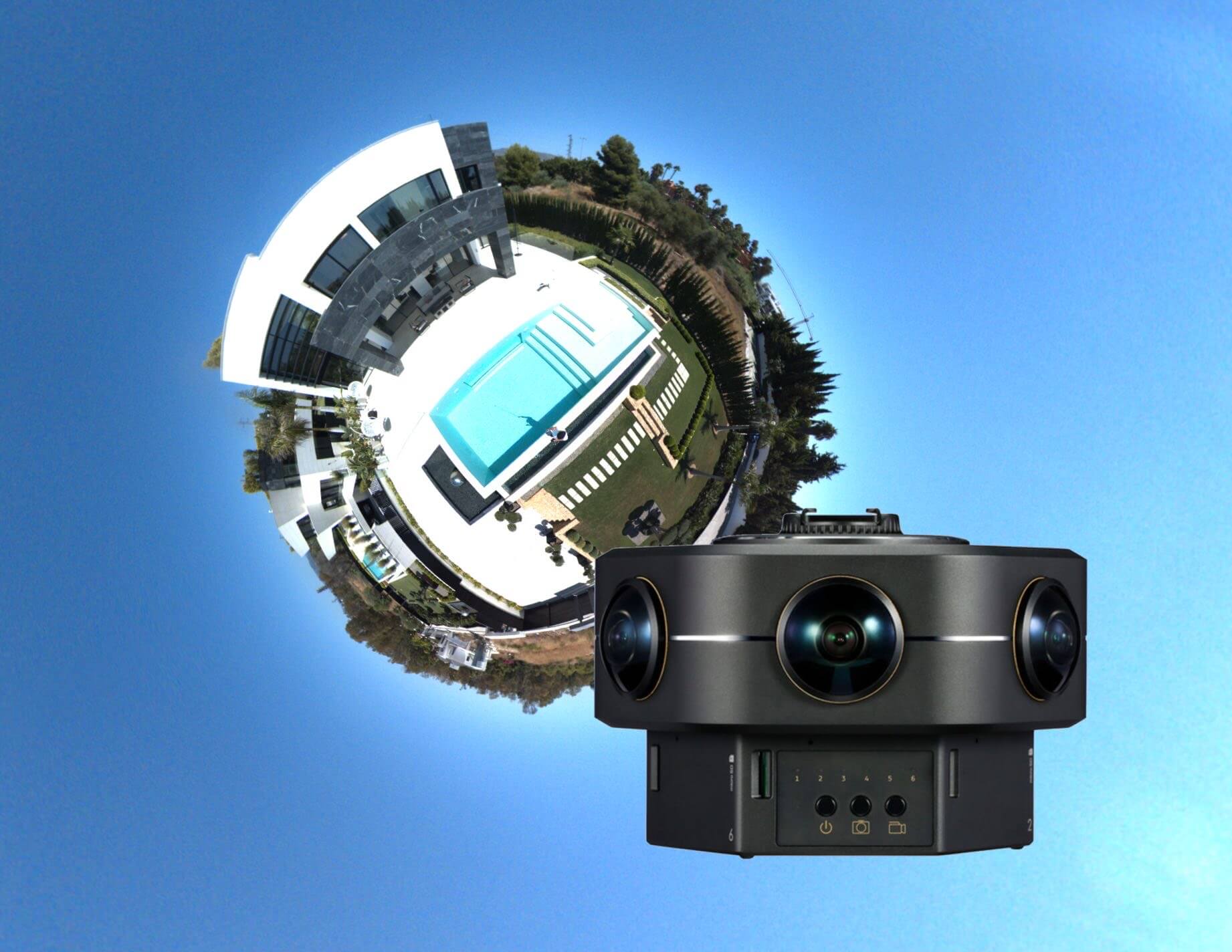 ADS Marketing 360° virtual tour camera with tiny planet aerial view of luxury villa and pool, Costa del Sol real estate