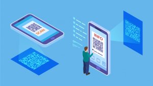 QR code verification. Isometric barcode mobile scanning, customer makes paying with phone scanner. Info QR code vector illustration. Smartphone scanner, qr isometric online