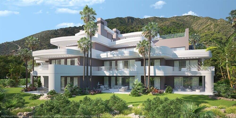 Palo Alto luxury development villa CGI render with modern white facade, tropical gardens, and mountain views