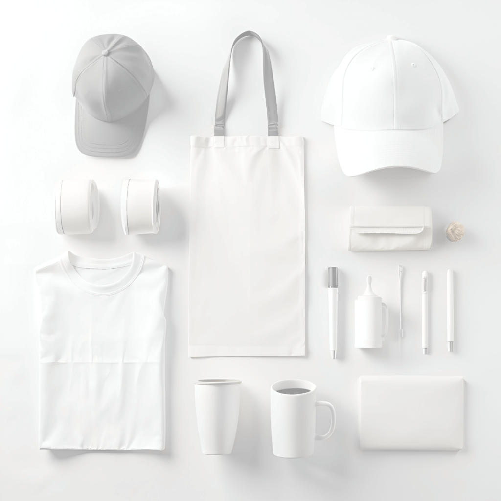 Selection of blank promotional merchandise items including caps, tote bags, mugs, pens, and t-shirts ready for custom branding.