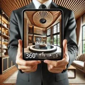 Real estate agent holding a tablet displaying a 360-degree virtual tour of a luxurious property in an elegant setting