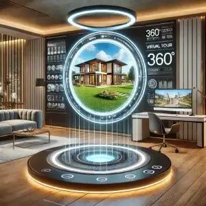 Futuristic real estate office with a 360-degree virtual tour of a luxury property displayed on a holographic screen.