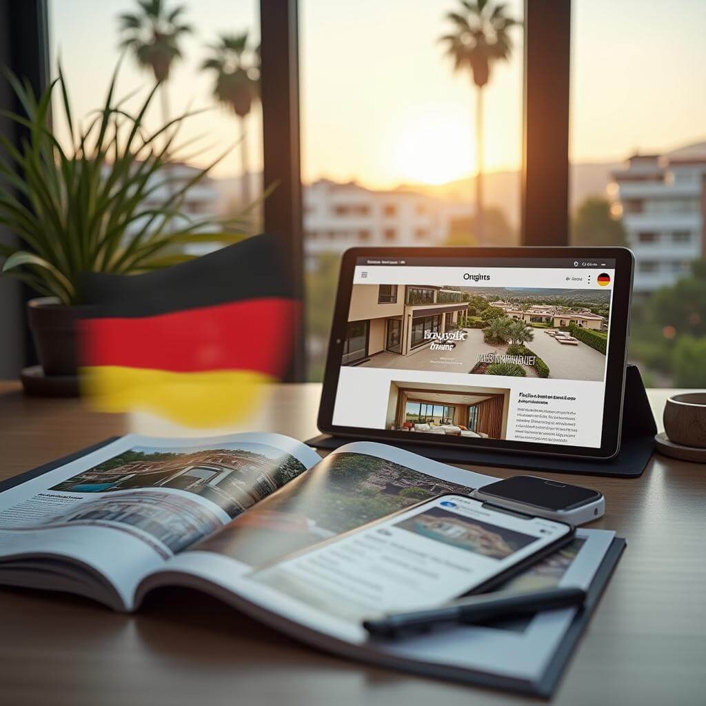 Tablet, das eine Luxusimmobilien-Website mit einer deutschen Flagge und Marketingmaterialien auf einem Schreibtisch bei Sonnenuntergang zeigt.