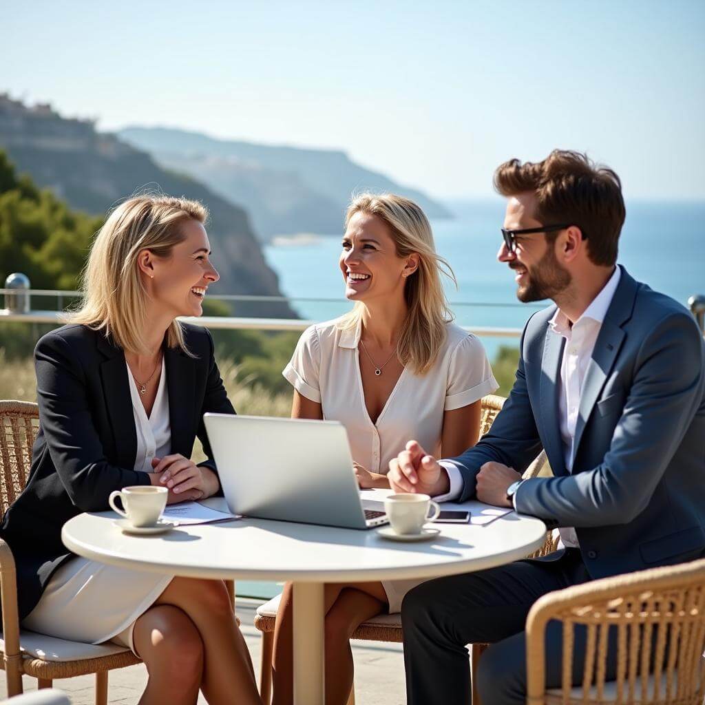 Drei deutsche Fachleute treffen sich mit einem Laptop auf einer Terrasse mit Blick auf das Meer an der Costa del Sol.