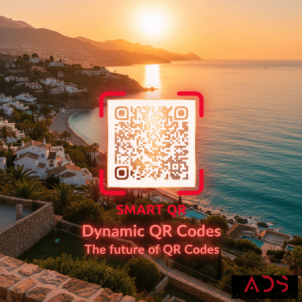 Dynamic QR Codes Smart QR marketing with Costa del Sol aerial sunset photo and ADS Marketing branding