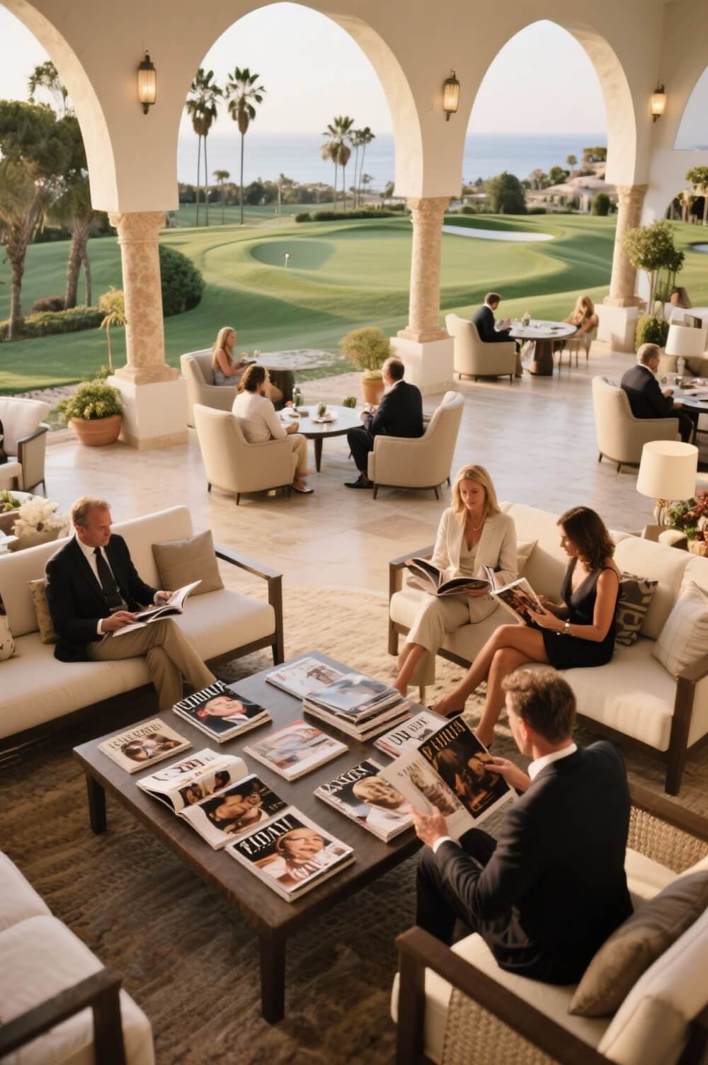 Luxury resort terrace lounge with people browsing real estate magazines, Mediterranean sea view and golf course