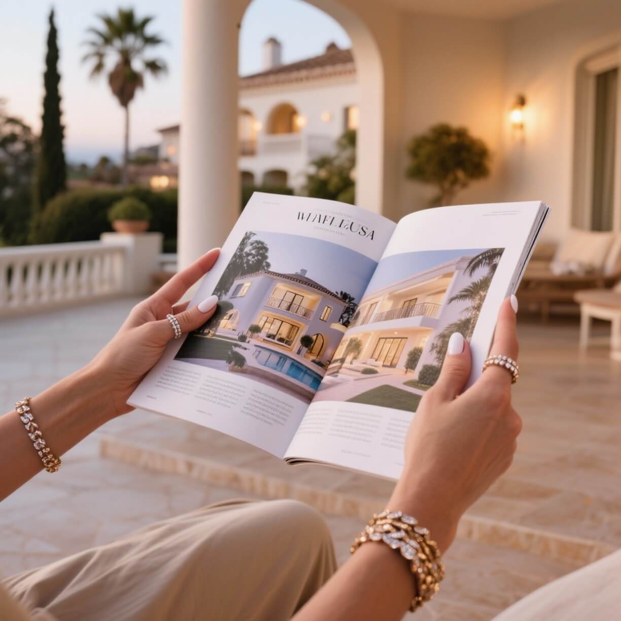 Elegant hands with gold jewelry holding a luxury real estate magazine showing a villa property