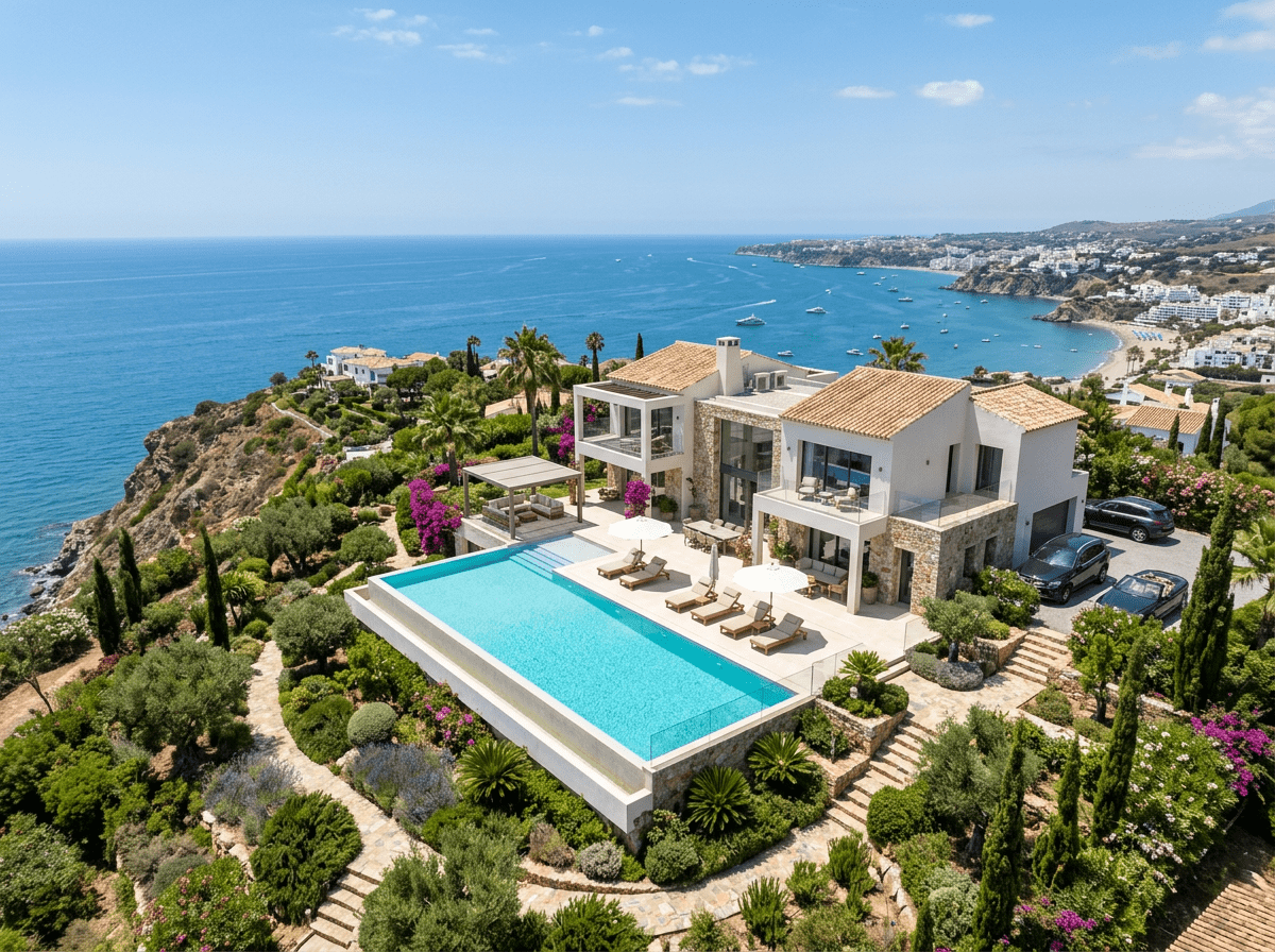 Por qué la fotografía inmobiliaria profesional marca la diferencia en la Costa del Sol 2 Vista aérea con dron de villa de lujo con piscina y vistas al mar en la Costa del Sol