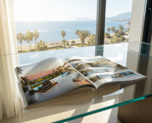 Magazine on a glass table