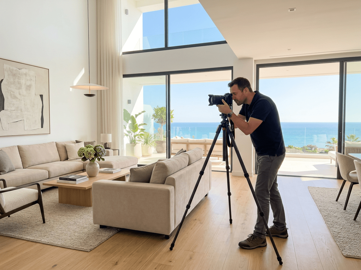 Por qué la fotografía inmobiliaria profesional marca la diferencia en la Costa del Sol 1 Fotógrafo inmobiliario profesional trabajando en el interior de una villa de lujo en la Costa del Sol