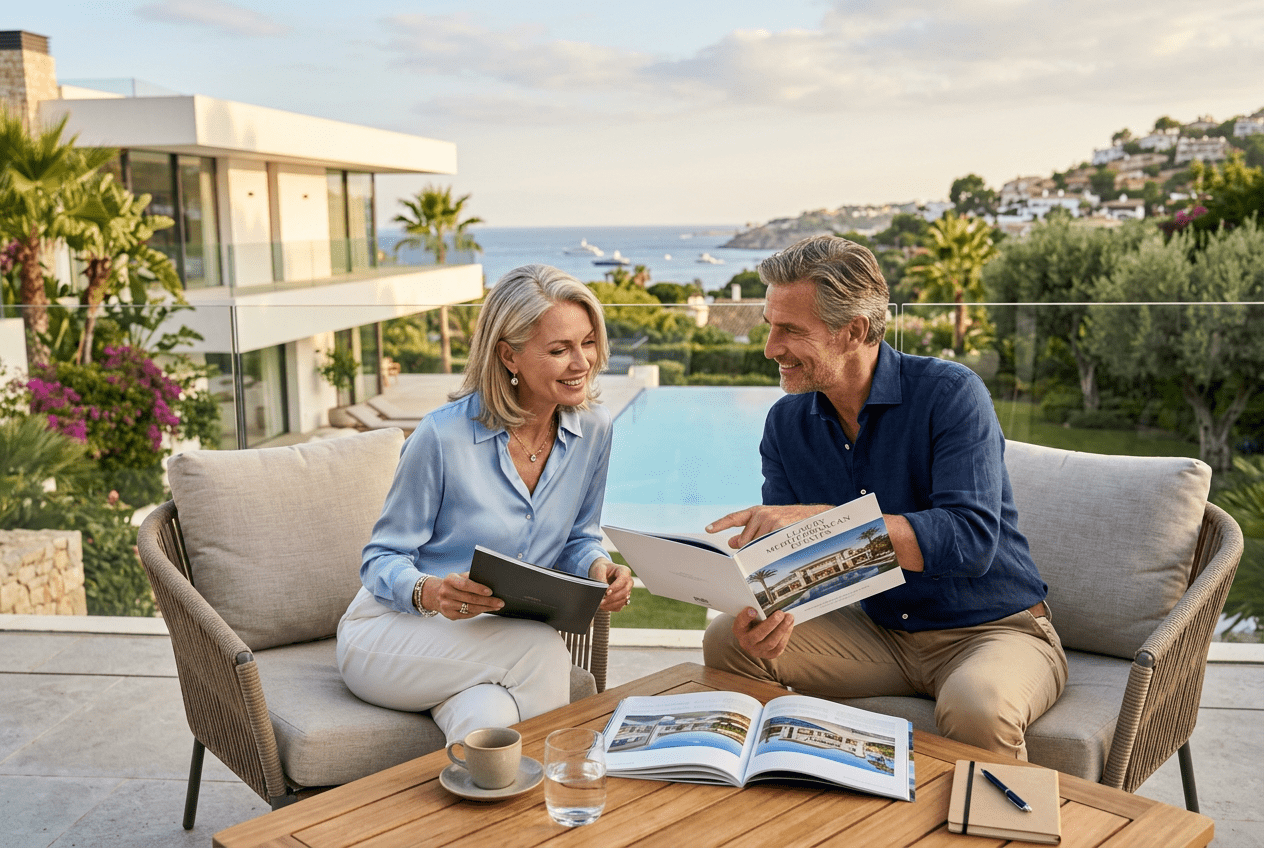Pareja internacional revisando documentación inmobiliaria en la Costa del Sol