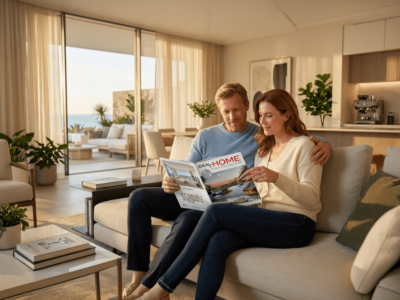 Compradores internacionales leyendo una revista inmobiliaria España antes de su visita a la Costa del Sol