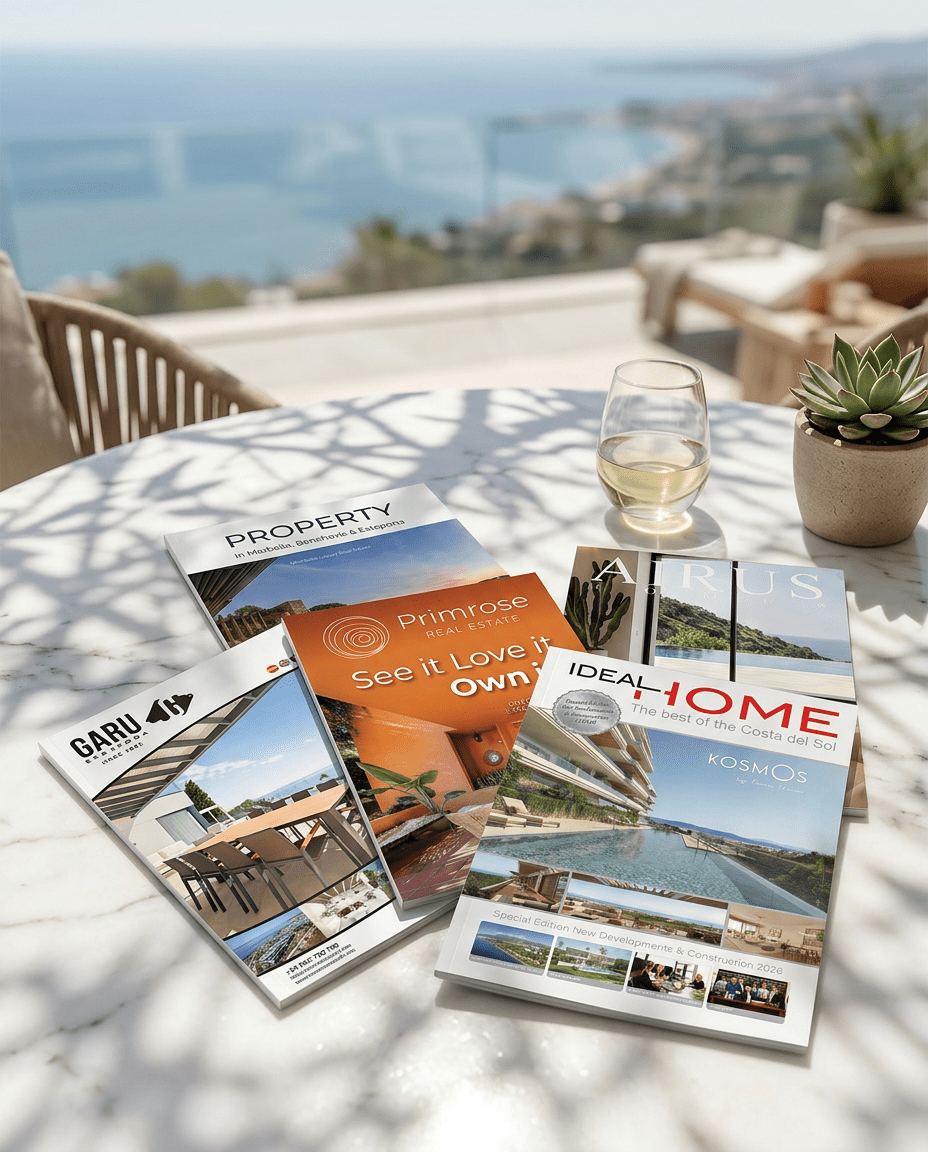 Revistas inmobiliarias de alta gama sobre una mesa – marketing inmobiliario editorial en la Costa del Sol