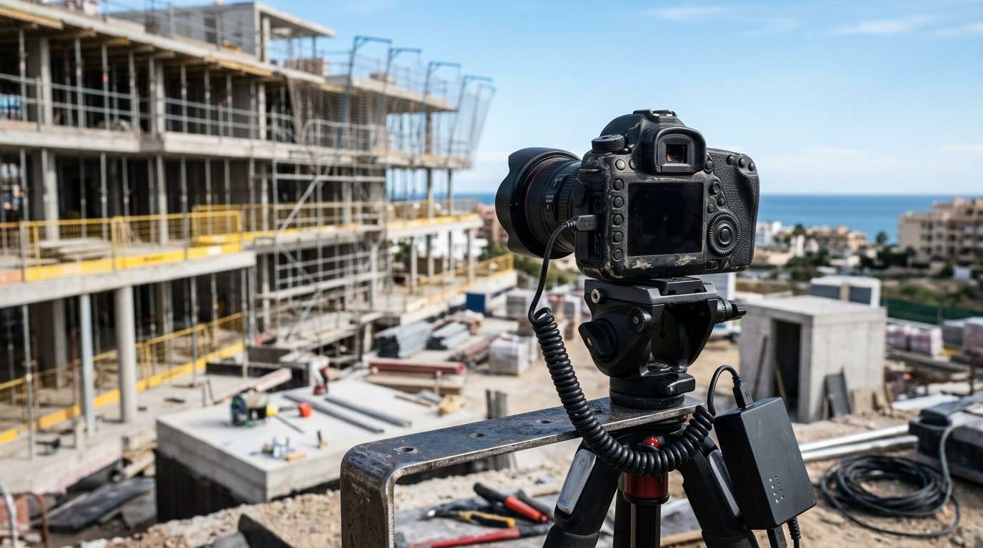 Cámara de timelapse profesional en una obra de la Costa del Sol