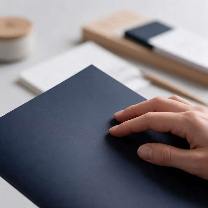 Mano sobre una portada con plastificado soft touch