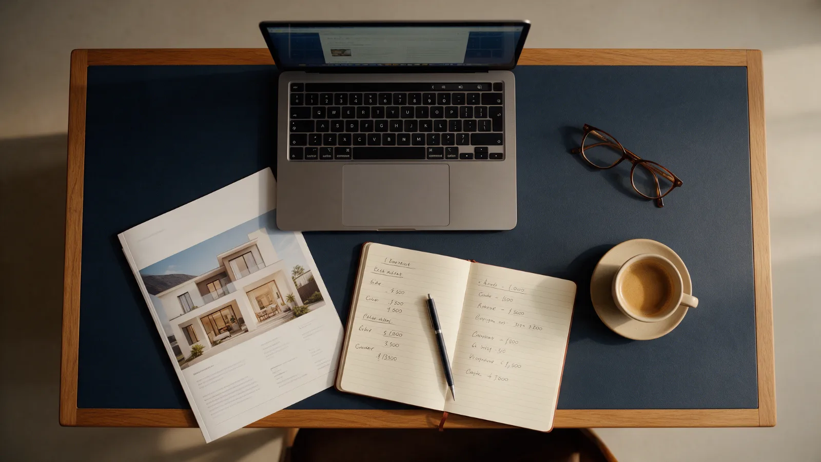 Inicio 8 Escritorio con portátil, dossier inmobiliario impreso y una lista de gastos de compra