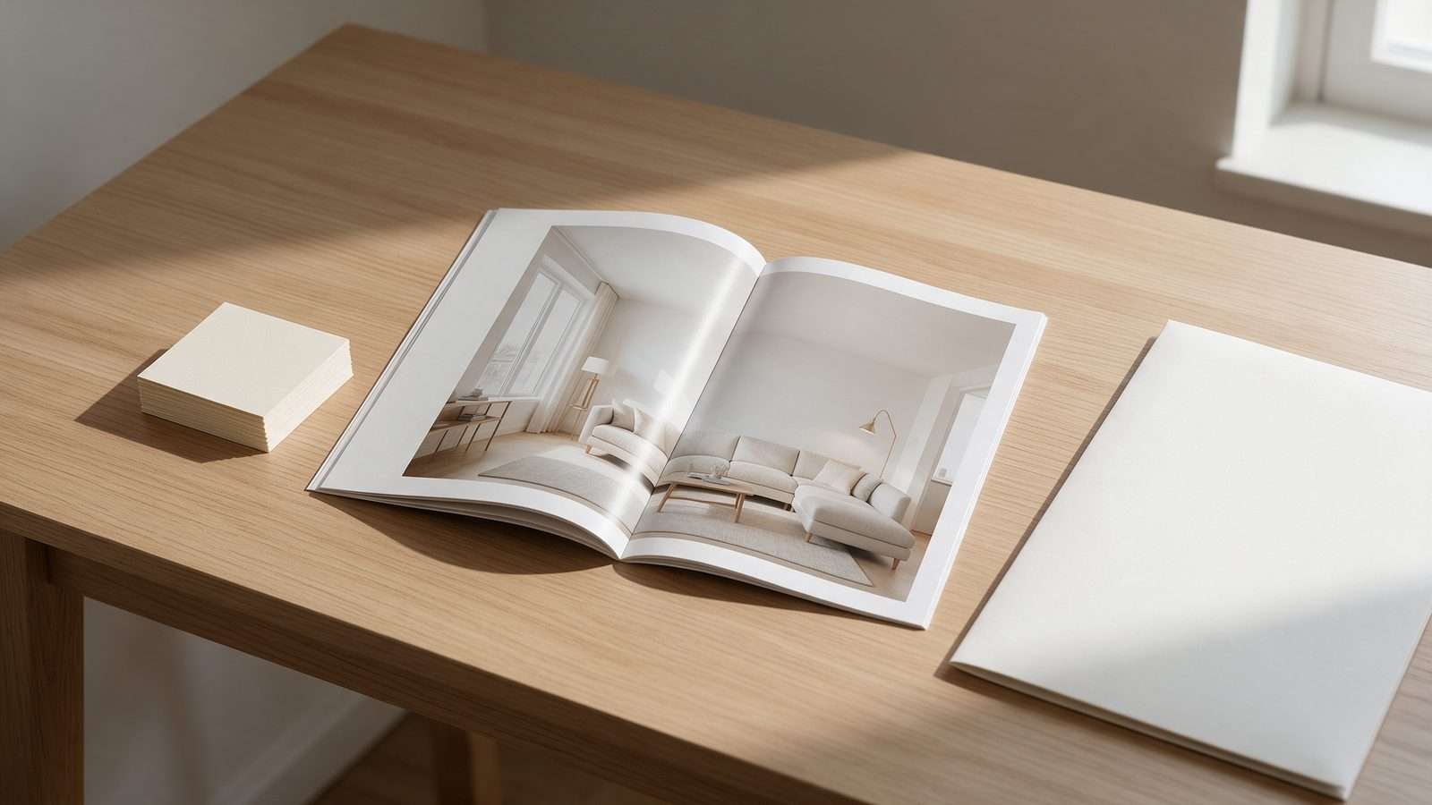 Diseño e impresión inmobiliaria 1 Folleto inmobiliario abierto, tarjetas de visita y carpeta sobre una mesa de madera