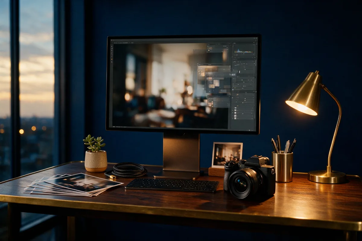 Puesto de edición fotográfica con monitor y panel de capas