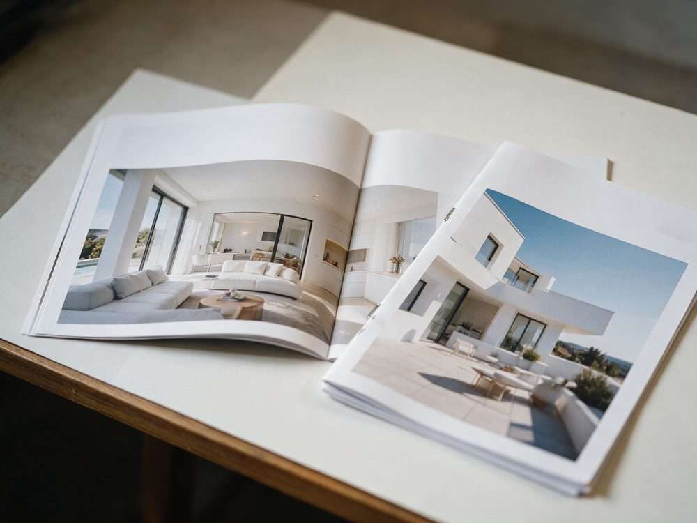 Diseño e impresión inmobiliaria 3 Folleto y catálogo inmobiliario abiertos con fotos de interiores