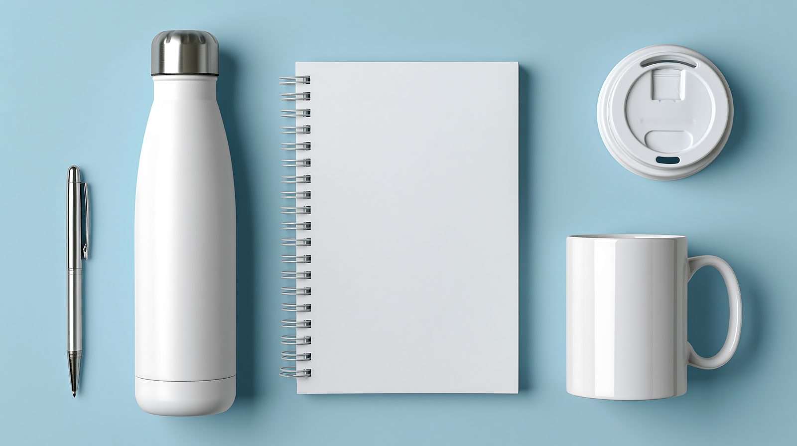 Mug, bottle, notebook and pen ready to carry your logo