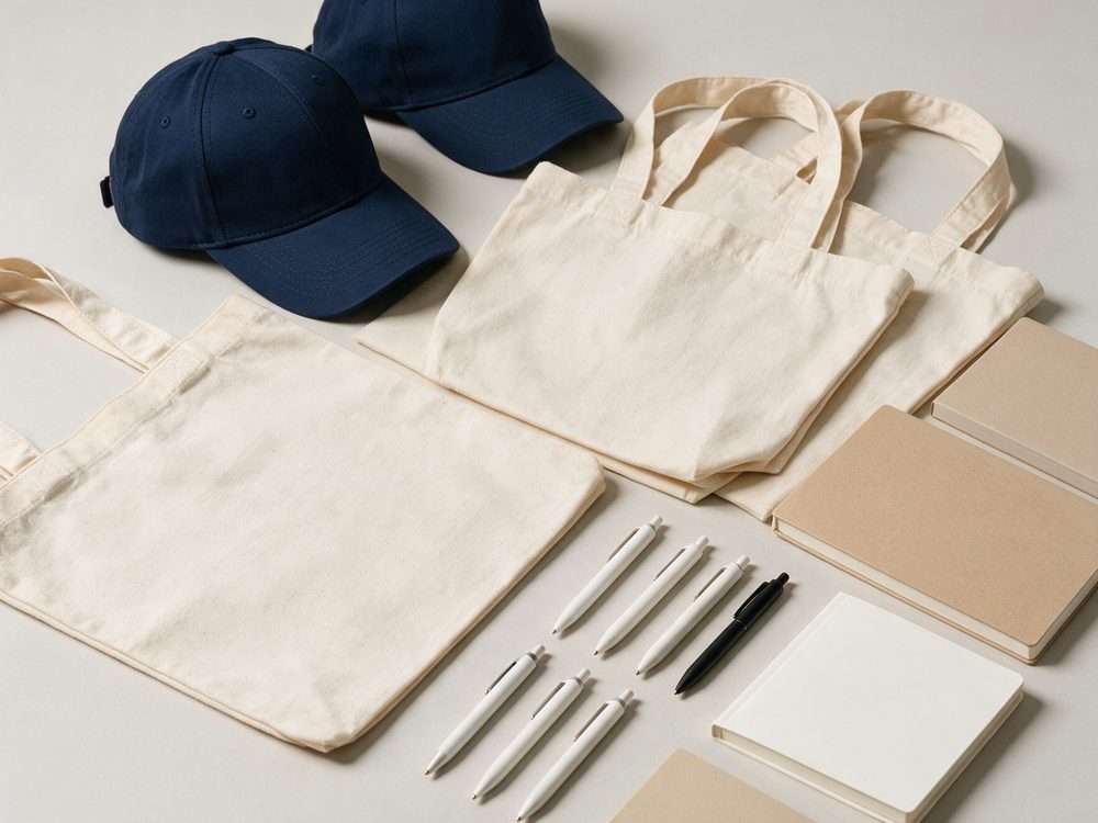 Caps, cotton tote bags, pens and notebooks ready to carry a logo