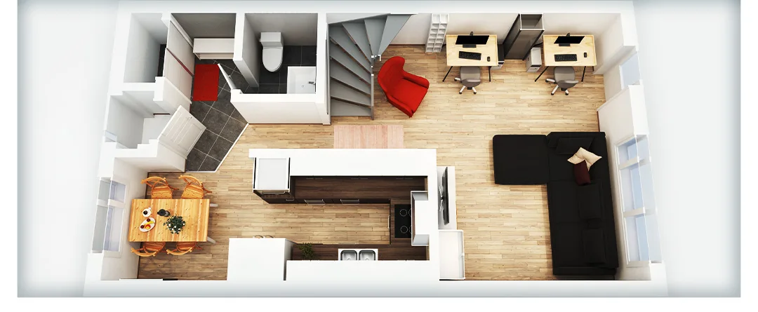 Furnished 3D floor plan of a home with open kitchen, dining and living area