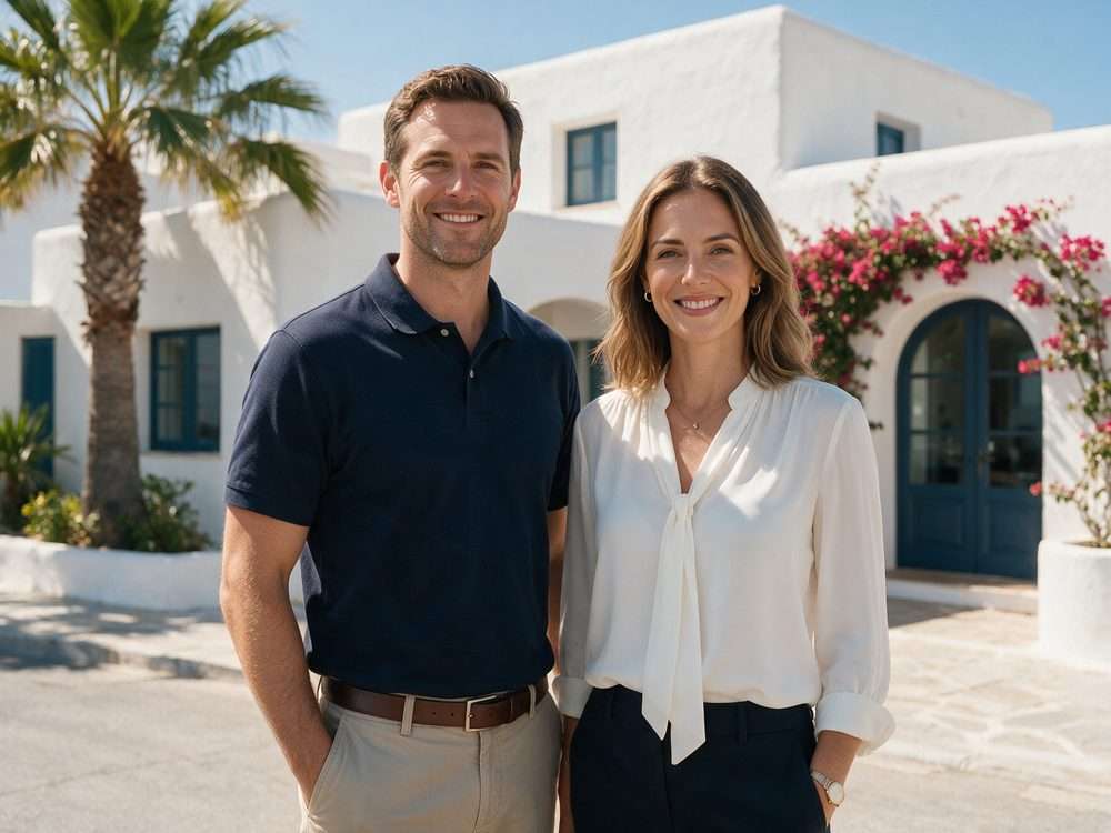 Sales team in a polo shirt and a blouse outside a Mediterranean-style office